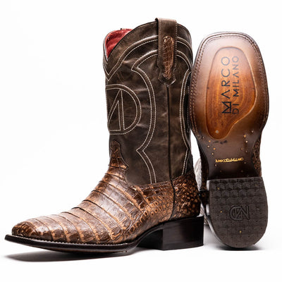 Marco Di Milano Tuscon Stone Brown Caiman Crocodile Square Toe Cowboy Boots 1   - from alligatorwarehouse.com