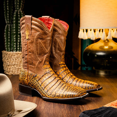 Marco Di Milano Tuscon Mustard Brown Caiman Square Toe Cowboy Boots 5   - from alligatorwarehouse.com