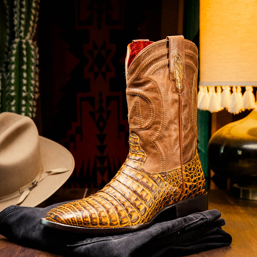 Marco Di Milano Tuscon Mustard Brown Caiman Square Toe Cowboy Boots