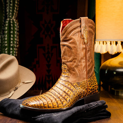 Marco Di Milano Tuscon Mustard Brown Caiman Square Toe Cowboy Boots 6   - from alligatorwarehouse.com
