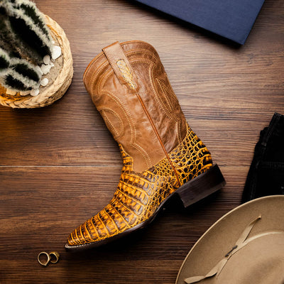 Marco Di Milano Tuscon Mustard Brown Caiman Square Toe Cowboy Boots 8   - from alligatorwarehouse.com