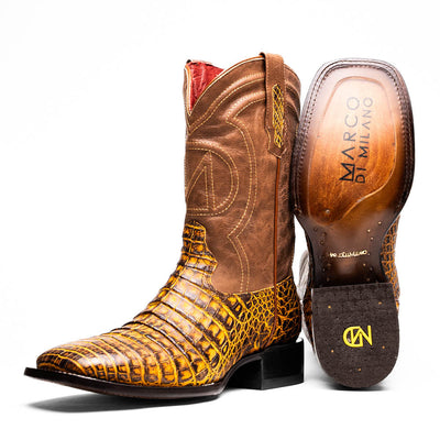 Marco Di Milano Tuscon Mustard Brown Caiman Square Toe Cowboy Boots 1   - from alligatorwarehouse.com