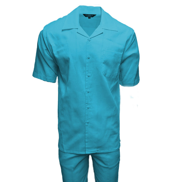 Men’s Turquoise Linen Shirt and Pants Set, Casual Summer Walking Suit Outfit