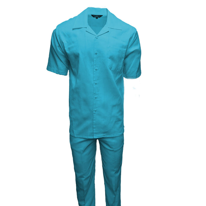 Men’s Turquoise Linen Shirt and Pants Set, Casual Summer Walking Suit Outfit