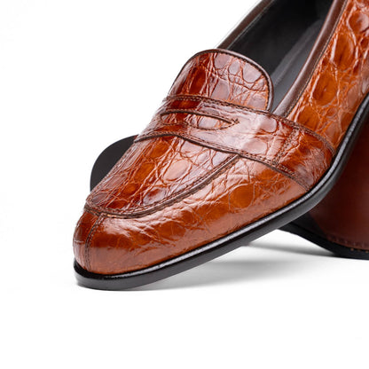 Zelli Tuscany Genuine Caiman Crocodile Penny Loafer in Cognac