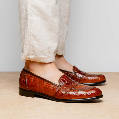 Zelli Tuscany Genuine Caiman Crocodile Penny Loafer in Cognac