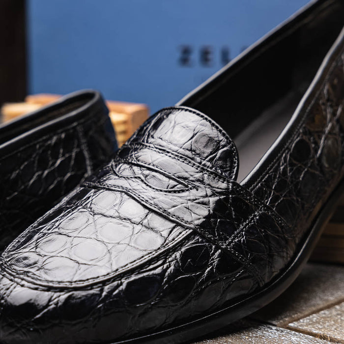 Zelli Tuscany Genuine Caiman Crocodile Penny Loafer in Black