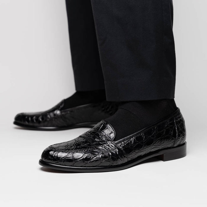Zelli Tuscany Genuine Caiman Crocodile Penny Loafer in Black
