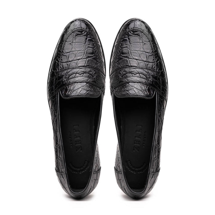 Zelli Tuscany Genuine Caiman Crocodile Penny Loafer in Black