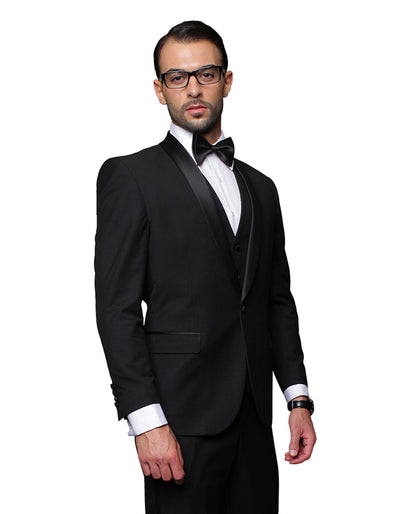 Mens 1 Button Shawl Lapel Vested Wool Tuxedo in Black 1 NZ-7283  - from alligatorwarehouse.com