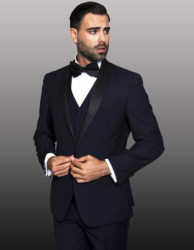 Mens 1 Button Shawl Lapel Vested Wool Tuxedo in Navy Blue 1 PL-5578  - from alligatorwarehouse.com