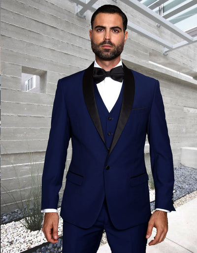 Mens 1 Button Shawl Lapel Vested Wool Wedding - Prom Tuxedo in Sapphire Blue - Mens Slim Fitted Tuxedo 1 J4-1346  - from alligatorwarehouse.com