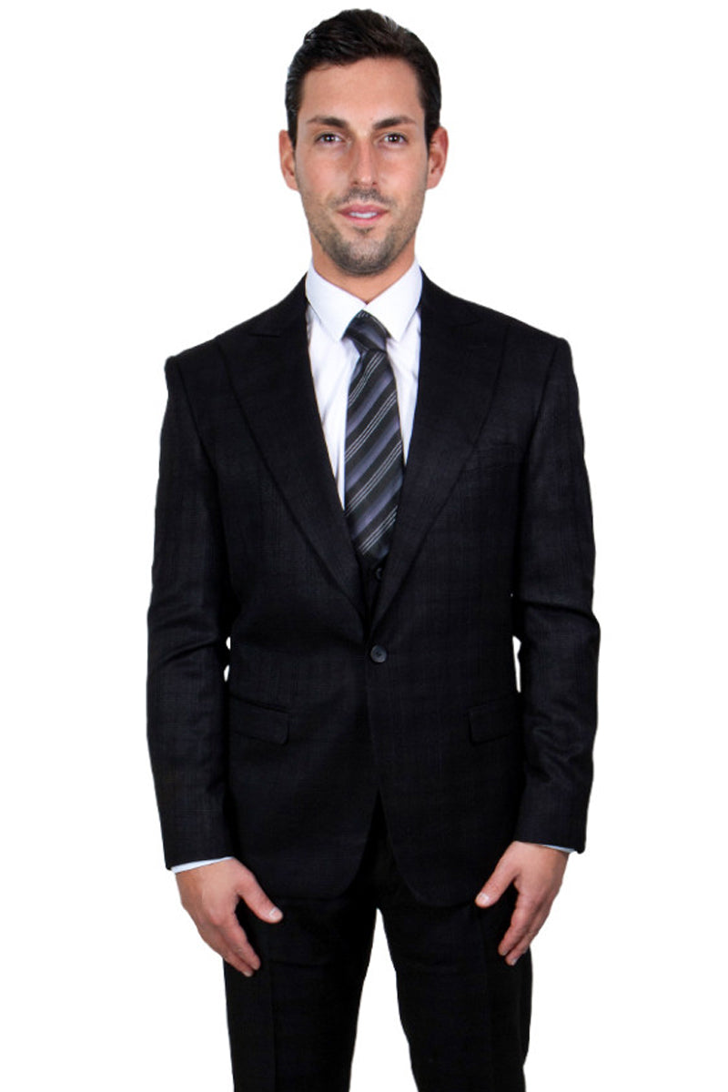 "Mens Stacy Adams Suit - Stacy Adams Suit Men's Glen Plaid Suit - One Button Vested Peak Lapel in Black"