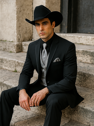 Men’s Black Western Tuxedo with Silver Vest & Cowboy Hat – Slim Fit 1   - from alligatorwarehouse.com