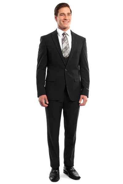 Men's One Button Peak Lapel Skinny Wedding  Prom Suit with Lowcut Vest in Black 1 XF-5380  - from alligatorwarehouse.com
