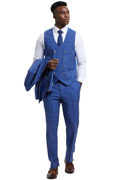 Men's Stacy Adams Peak Lapel Suit with Double Breasted Vest in Blue Windowpane Plaid 4 SM163H1-11-38R  - from alligatorwarehouse.com