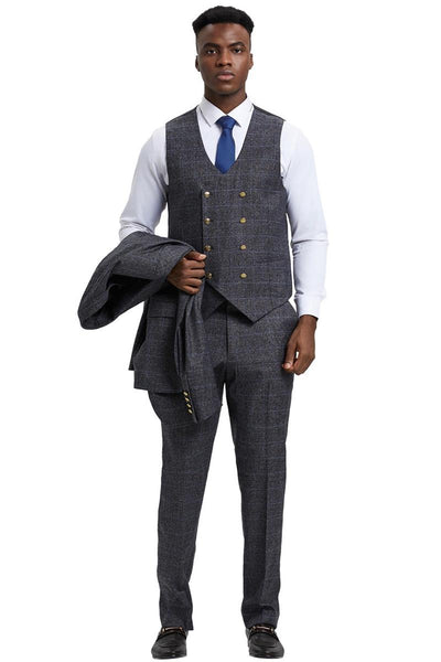 Men's Stacy Adams Peak Lapel Suit with Double Breasted Vest in Charcoal Grey Windowpane Plaid 4 SM163H1-12-38R  - from alligatorwarehouse.com