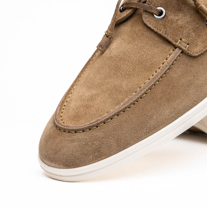 Zelli Venice Hand-Stitched Sueded Goatskin Boat Shoe in Taupe
