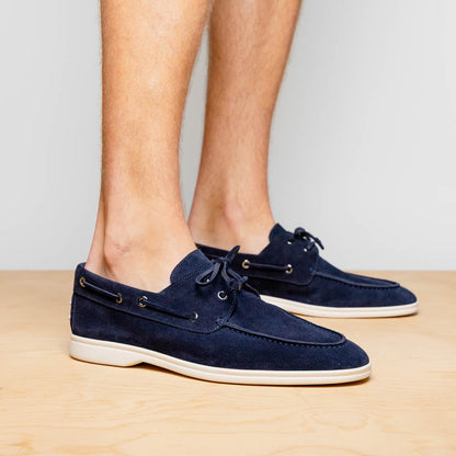 Zelli Venice Hand-Stitched Sueded Goatskin Boat Shoe in Navy