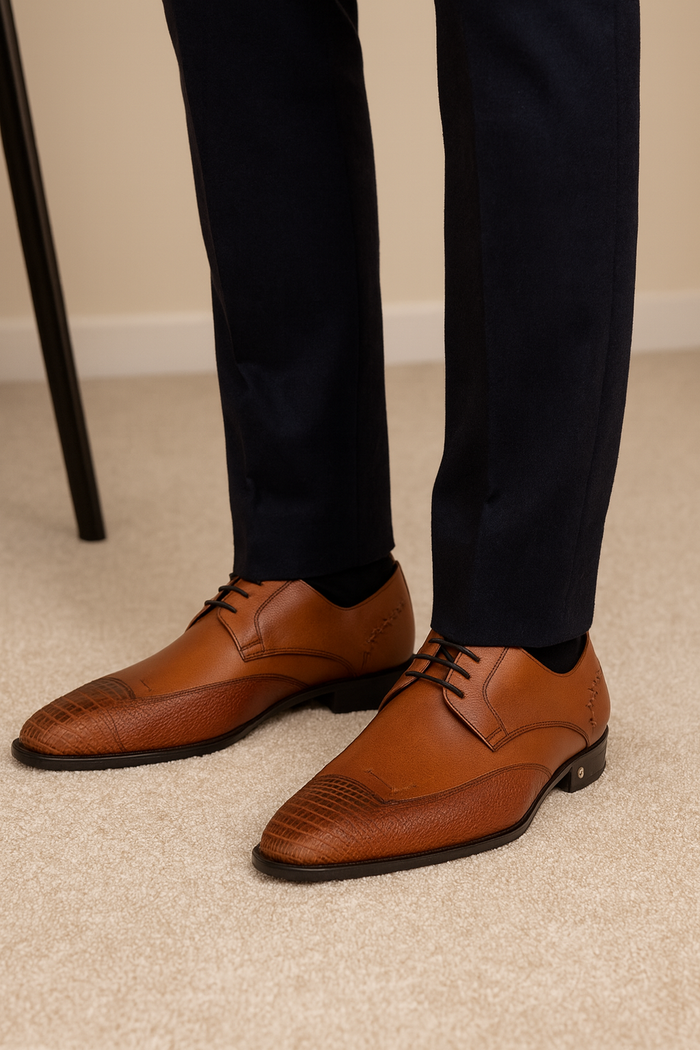 Men's Cognac Full Leather Lining Vestigium Genuine Ostrich Leg Derby Shoes Mens Ostrich Skin Shoes