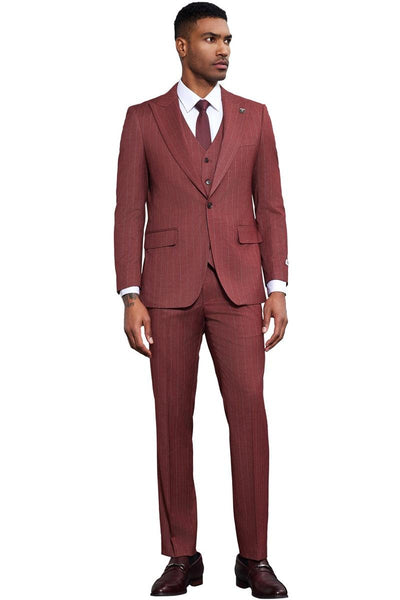 Men's Stacy Adams One Button Peak Lapel Vested Suit in Burgundy Pinstripe 2 SM176H1-01-38R  - from alligatorwarehouse.com
