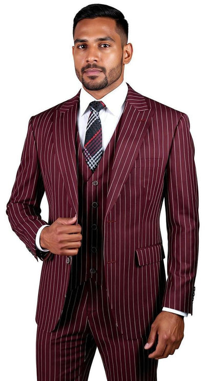 Harlem Nights Suits for Men - Mens 1920s Burgundy Gangster Stripe Suit with Vest Vinci V2RS-9