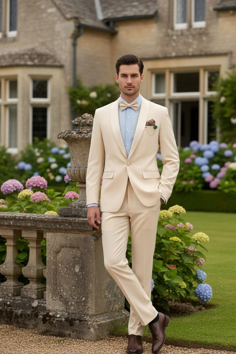 Spectrum Champagne Shawl Lapel Tuxedo – 3-Piece One Button Elegant Formal Suit