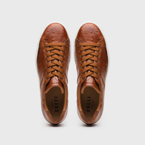 Zelli Vivo Tumbled Calfskin Sneakers in Cognac with White Rubber Sole