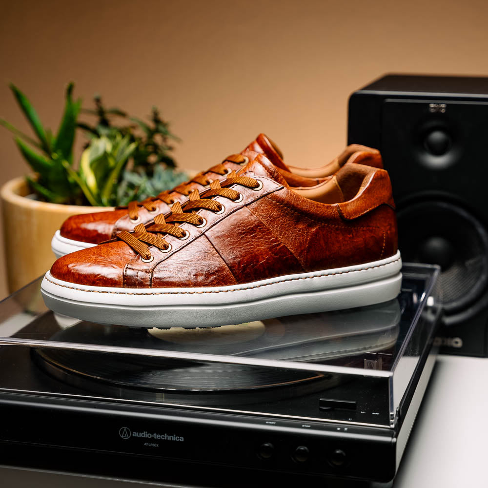 Zelli Vivo Tumbled Calfskin Sneakers in Cognac with White Rubber Sole