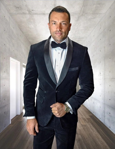 Statement Men's 2-Piece Suit – Velvet Jacket with Modern Fit 1 VL-100-BLACK-34S  - from alligatorwarehouse.com