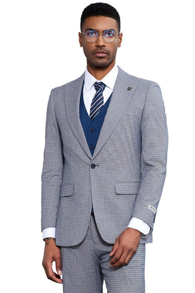 Men's Stacy Adams One Button Peak Lapel Vested Micro Check in Light Blue with a French Blue Vest 1 SM183H1-02-38R  - from alligatorwarehouse.com