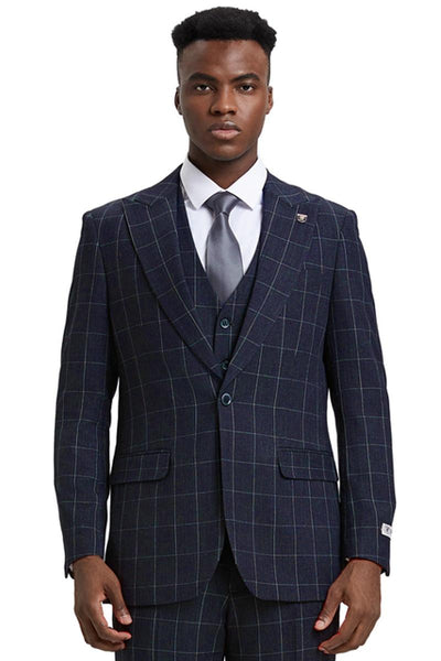 Men's Stacy Adams Vest Classic Bold Windowpane Suit in Navy Blue 1 SM394H1-02-38R  - from alligatorwarehouse.com
