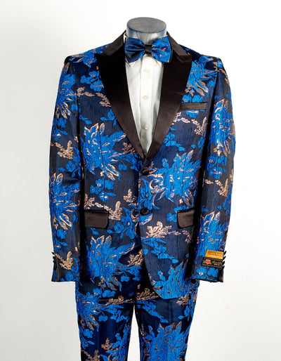 Mens 2 Button Royal Blue and Gold Foil Paisley Tuxedo Tuxedo 1 Party-ROYAL-Suit-XS  - from alligatorwarehouse.com