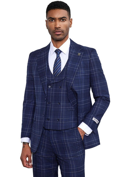 Men's Stacy Adams Vested Two Button Double Windowpane Plaid Suit in Navy 4 SM175H1-01-38R  - from alligatorwarehouse.com