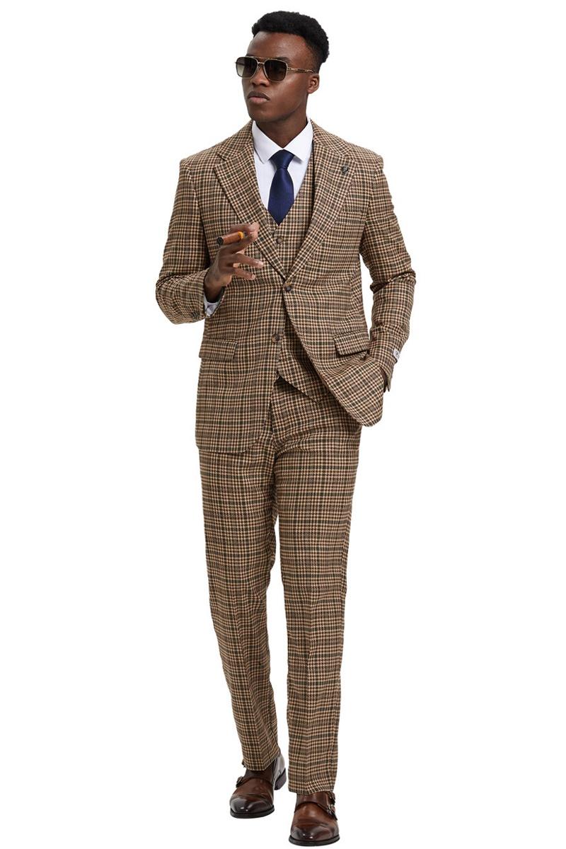 Men's Stacy Adams Vested Modern Fit Houndstooth Glen Plaid Suit in Camel & Green
