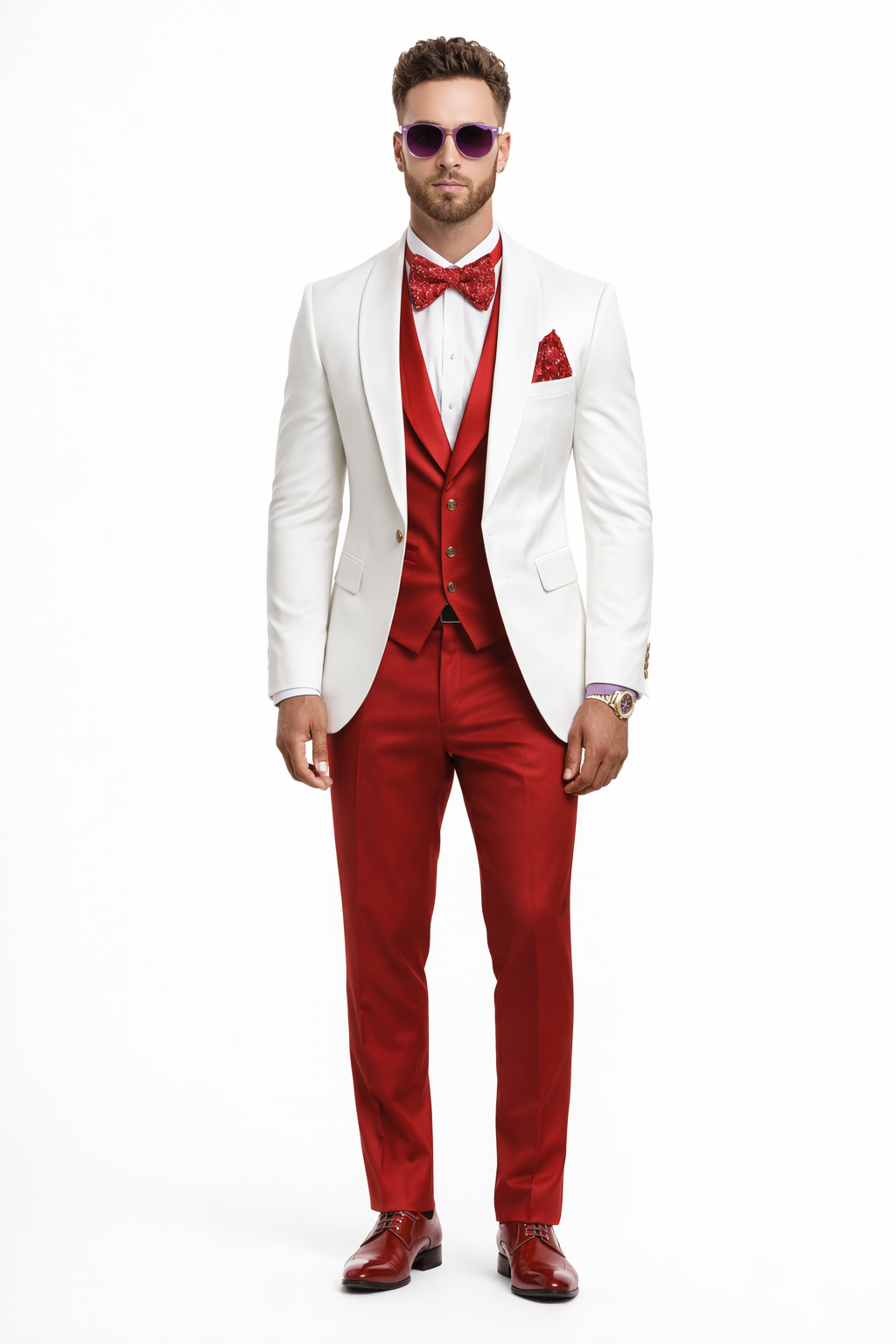 White and Red Tuxedo Wedding Suit - White Dinner Jacket + Vest + Pants + Bow-tie
