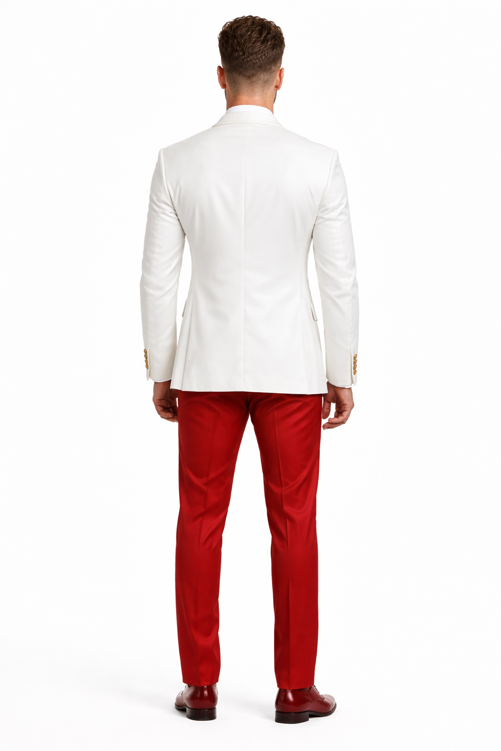 White and Red Tuxedo Wedding Suit - White Dinner Jacket + Vest + Pants + Bow-tie