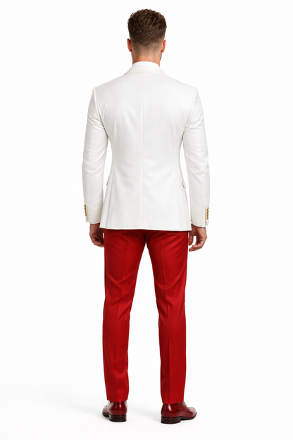 White and Red Tuxedo Wedding Suit - White Dinner Jacket + Vest + Pants + Bow-tie