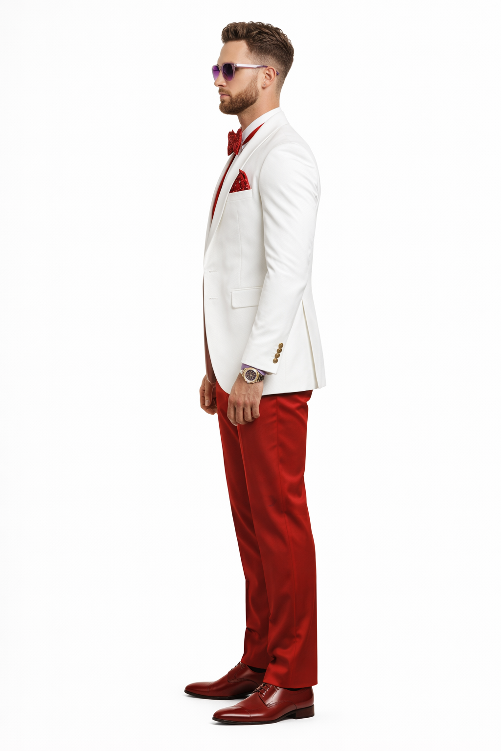 White and Red Tuxedo Wedding Suit - White Dinner Jacket + Vest + Pants + Bow-tie