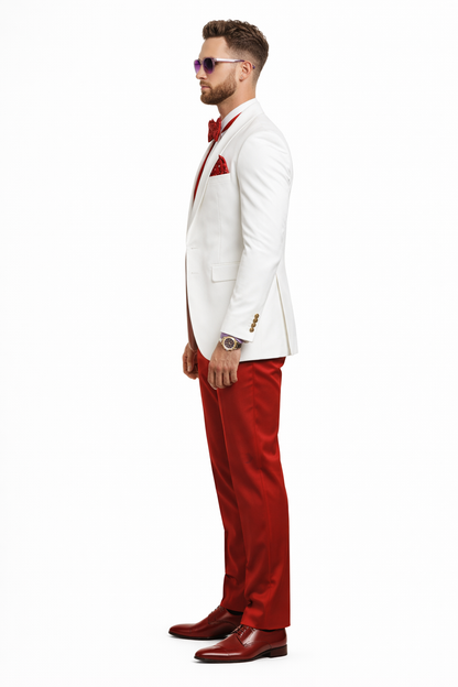 White and Red Tuxedo Wedding Suit - White Dinner Jacket + Vest + Pants + Bow-tie