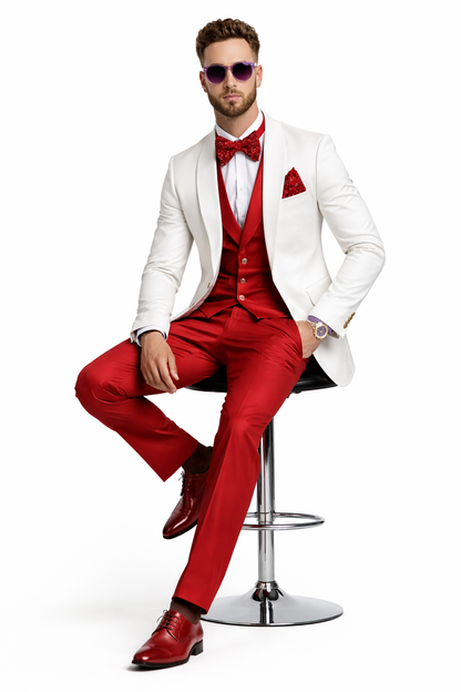 White and Red Tuxedo Wedding Suit - White Dinner Jacket + Vest + Pants + Bow-tie