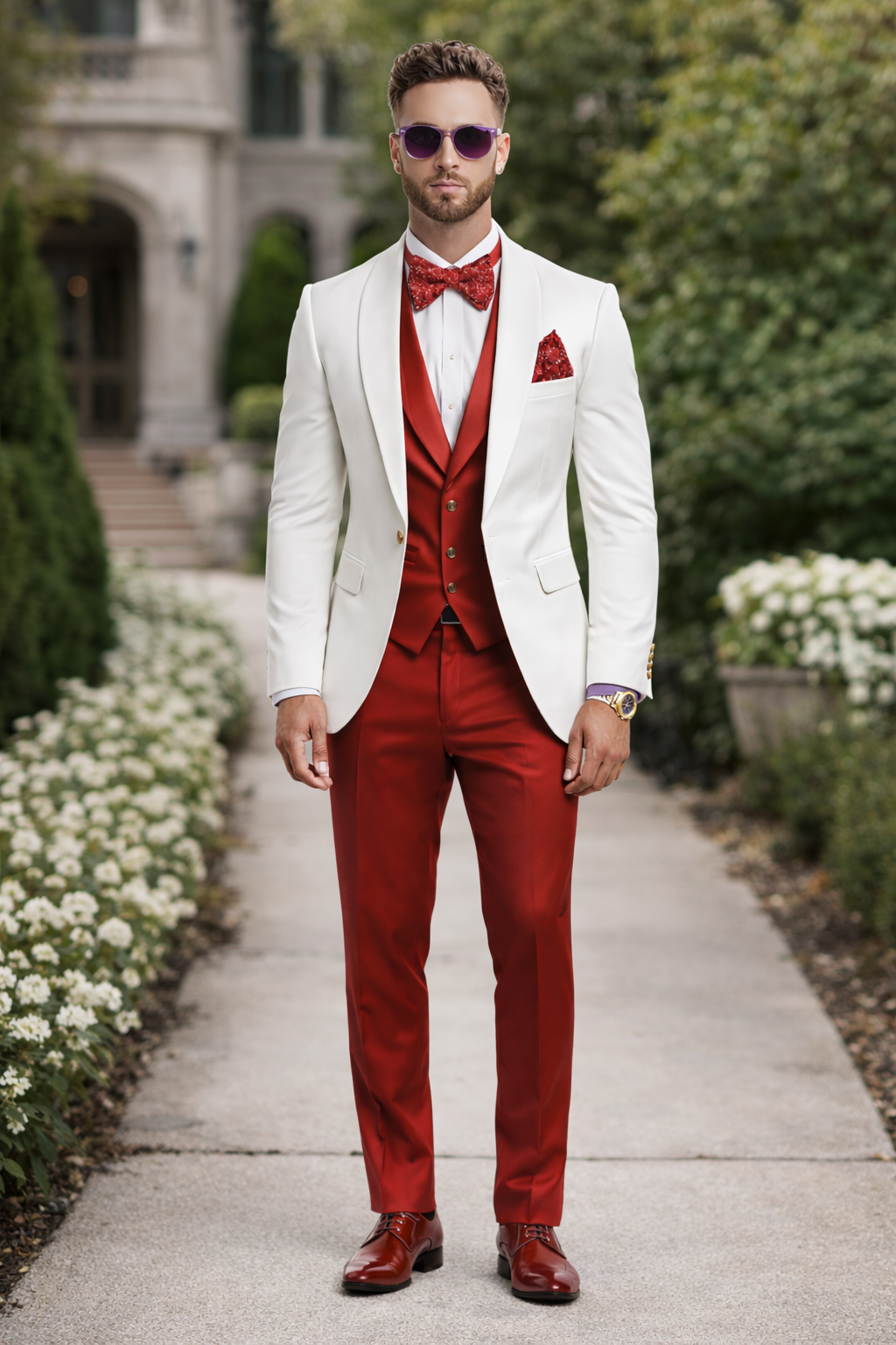 White and Red Tuxedo Wedding Suit - White Dinner Jacket + Vest + Pants + Bow-tie