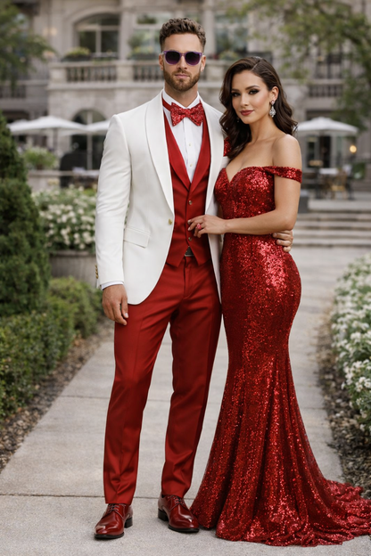 White and Red Tuxedo Wedding Suit - White Dinner Jacket + Vest + Pants + Bow-tie