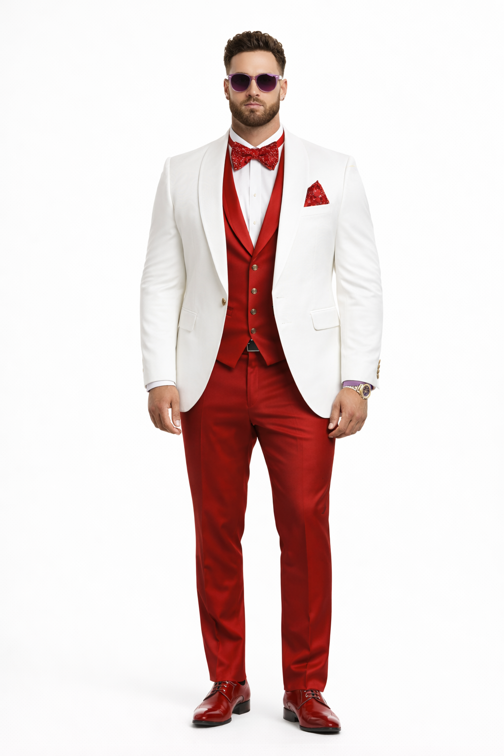 White and Red Tuxedo Wedding Suit - White Dinner Jacket + Vest + Pants + Bow-tie
