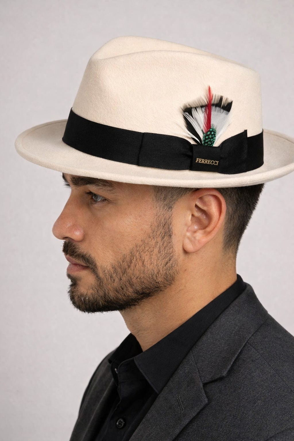 Gangster 100% Australian Wool Crushable Mens Fedora Hat - Removable Feather Gangster White/Black Mens Fedora Hat