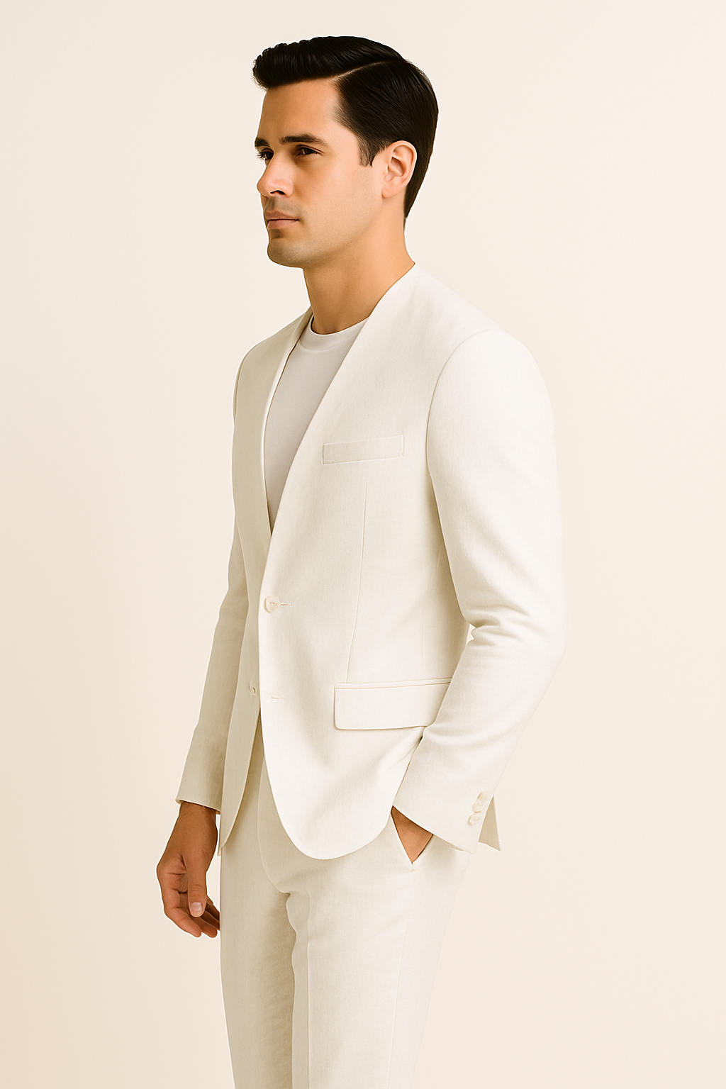 White Linen Suit For Summer - Collarless Blazer and Pants Collarless Lapel - No Lapel Casual!
