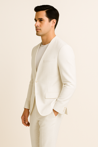 White Linen Suit For Summer - Collarless Blazer and Pants Collarless Lapel - No Lapel Casual! 5   - from alligatorwarehouse.com