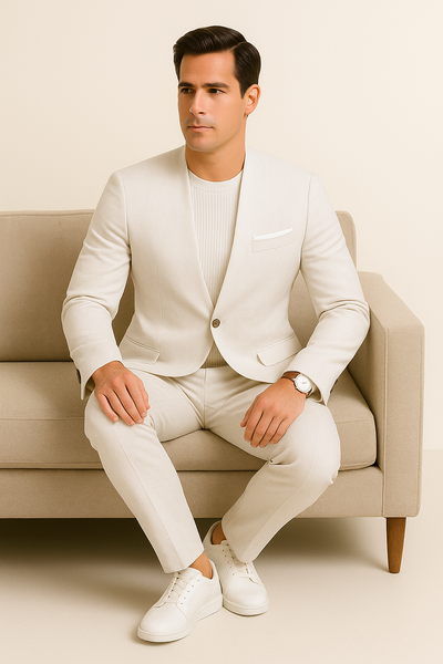 White Linen Suit For Summer - Collarless Blazer and Pants Collarless Lapel - No Lapel Casual! 4   - from alligatorwarehouse.com