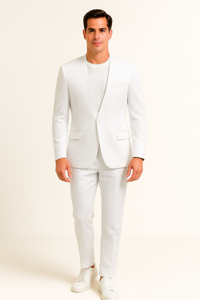 White Linen Suit For Summer - Collarless Blazer and Pants Collarless Lapel - No Lapel Casual! 1   - from alligatorwarehouse.com