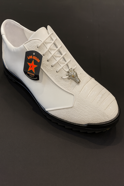 Los Altos White Ostrich Leg Lace Up Sneakers 1   - from alligatorwarehouse.com